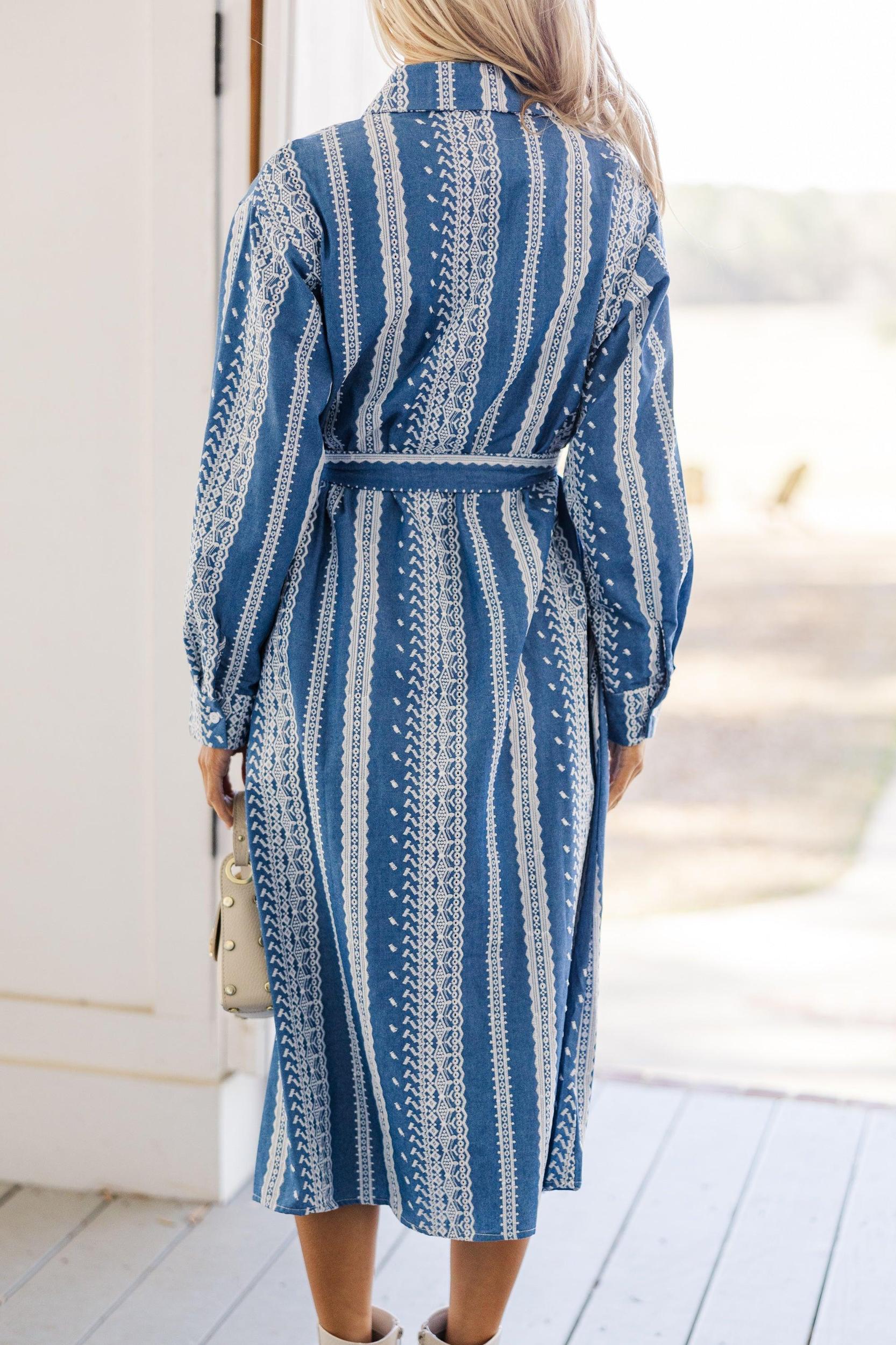 Feeling Confident Blue Embroidered Midi Dress Female Product Image