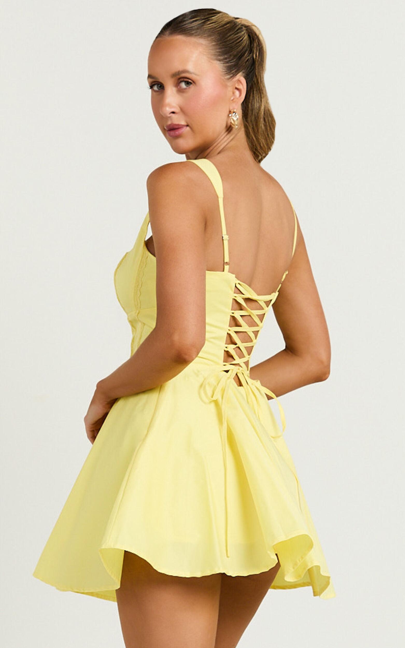 Indi Mini Dress - Square Neckline Lace Up Back Dress in Lemon Product Image