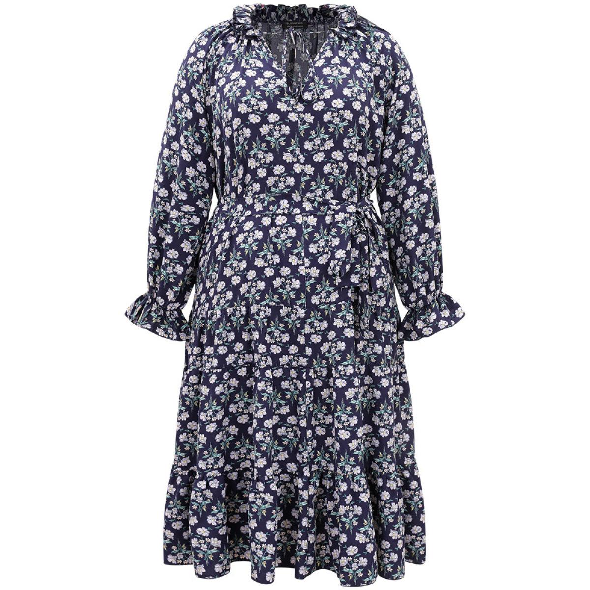 Plus Size Ditsy Floral Pocket Tie Neck Frill Trim Dress Indigo Women Vacation Cross straps Tie Neck Long Sleeve Curvy Midi Dress BloomChic 10/M Product Image