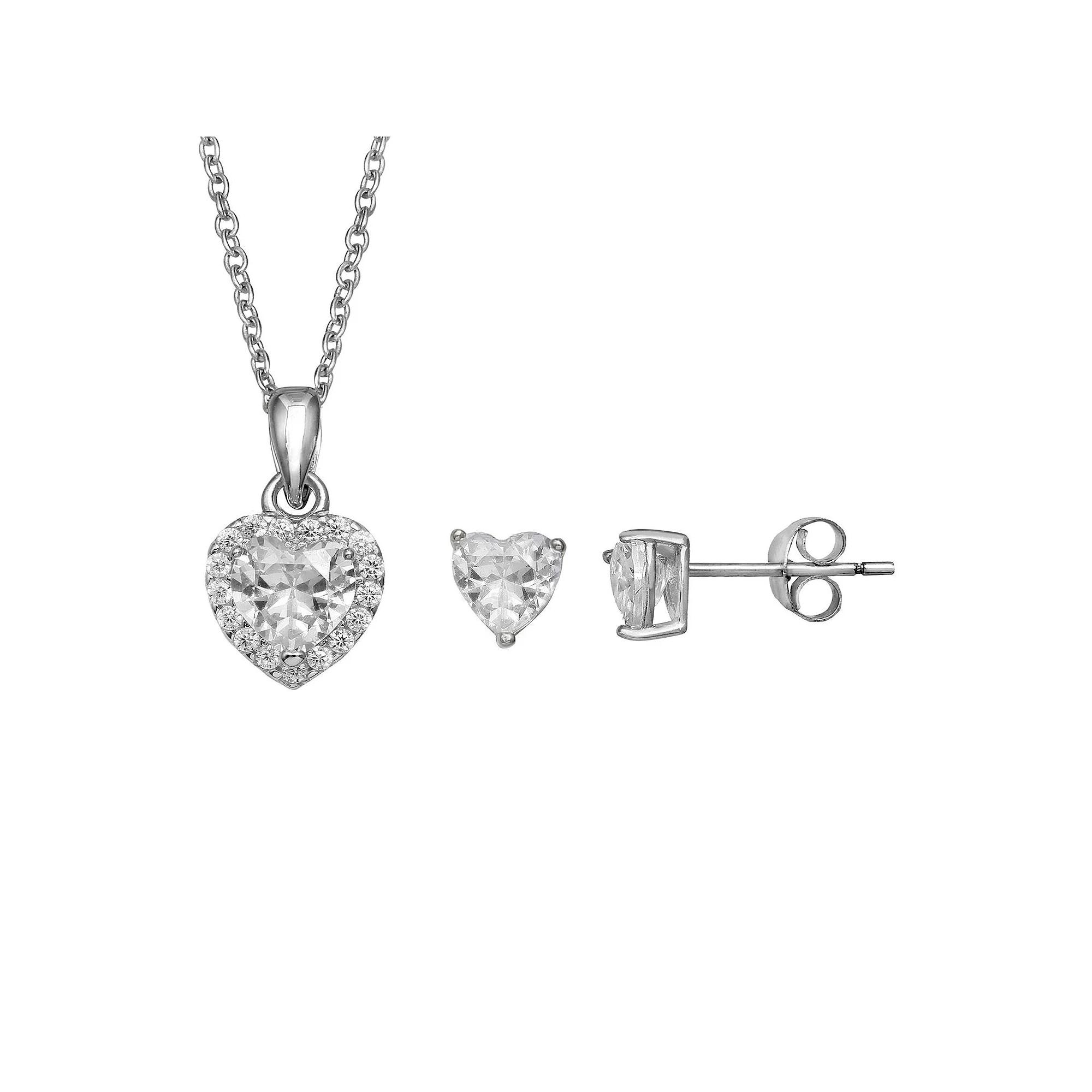 PRIMROSE Sterling Silver Cubic Zirconia Heart Stud Earrings & Heart Pendant Necklace Set, Women's, Size: 18", Sterling And Clear Product Image