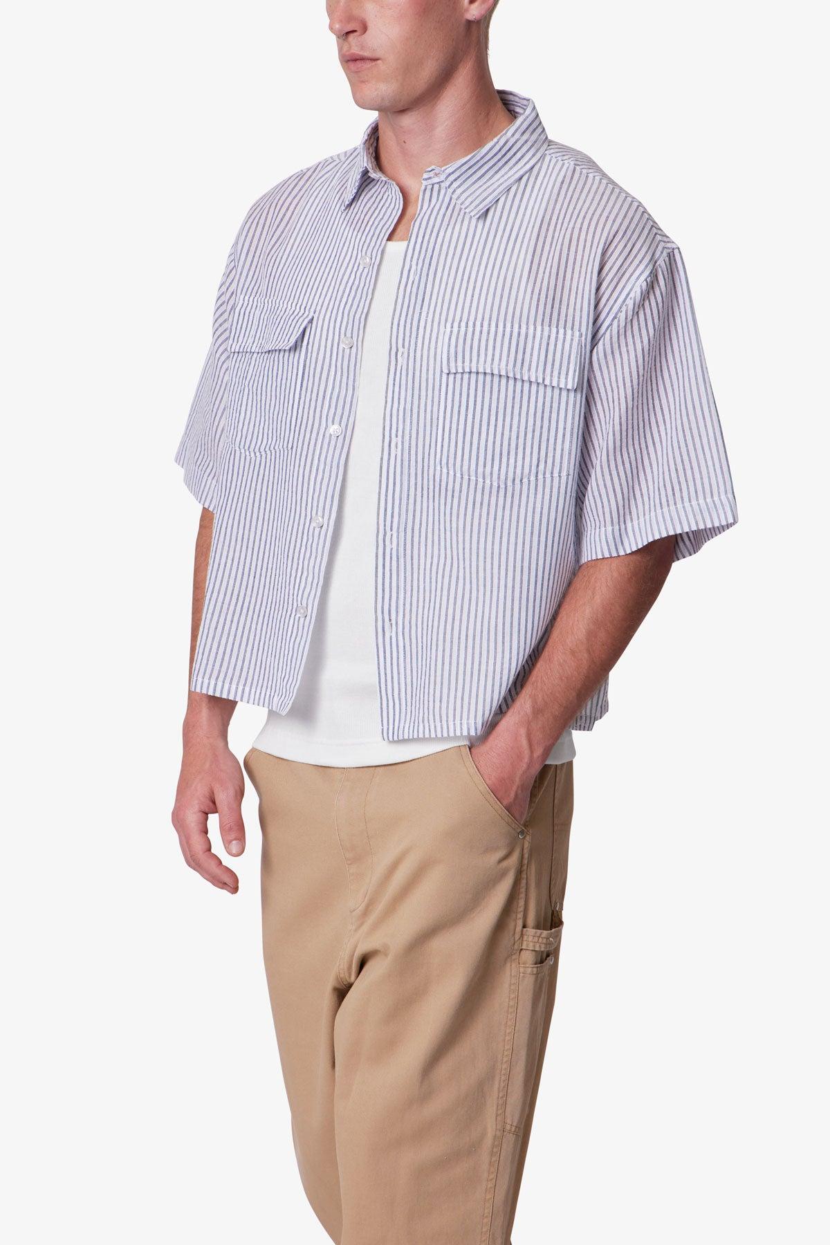 Cropped Boxy Striped S/S Shirt - Blue Product Image