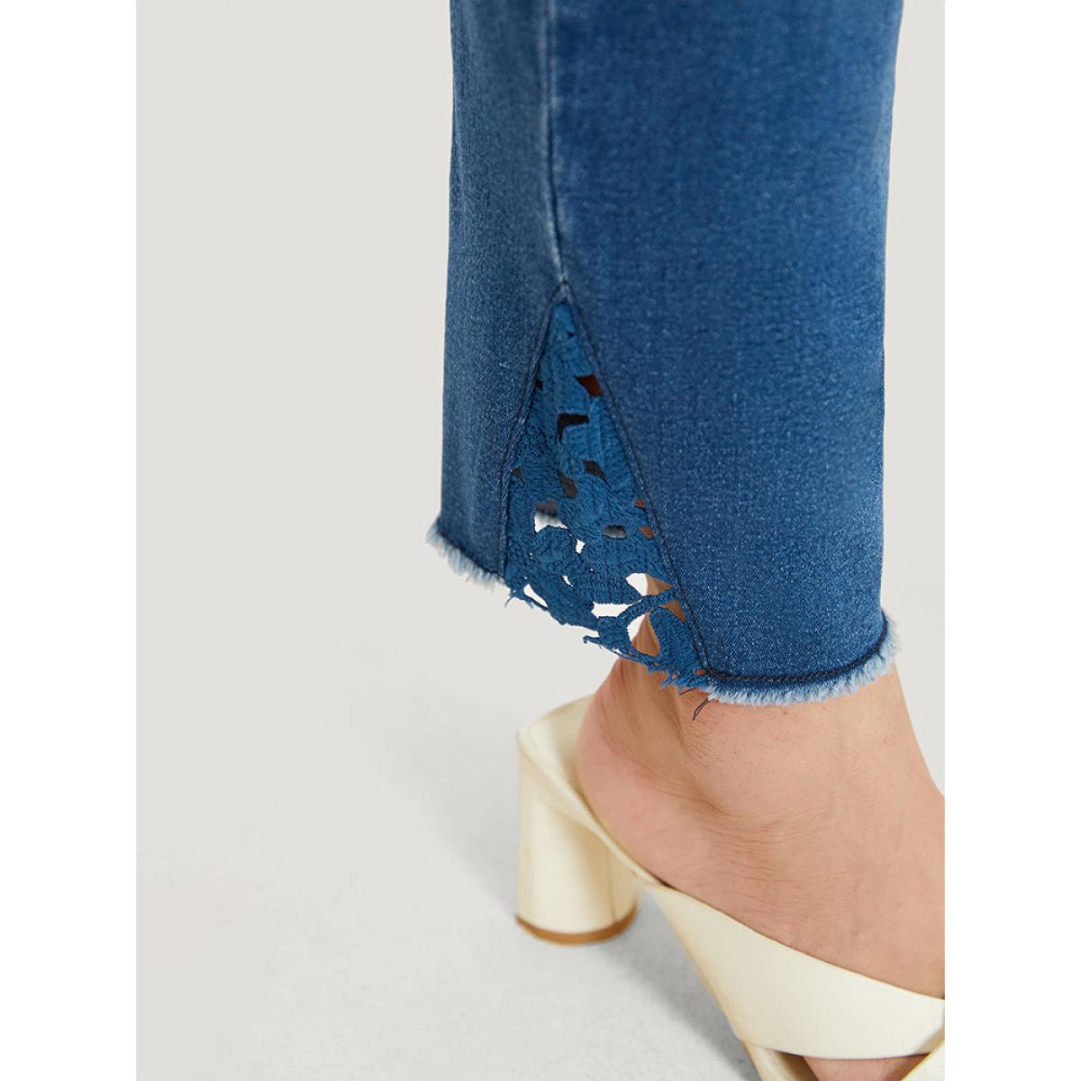 Plus Size Very Stretchy High Rise Medium Wash Lace Insert Raw Hem Jeans Women Indigo Casual Plain Patchwork High stretch Side seam pocket Jeans BloomChic 10/M Product Image