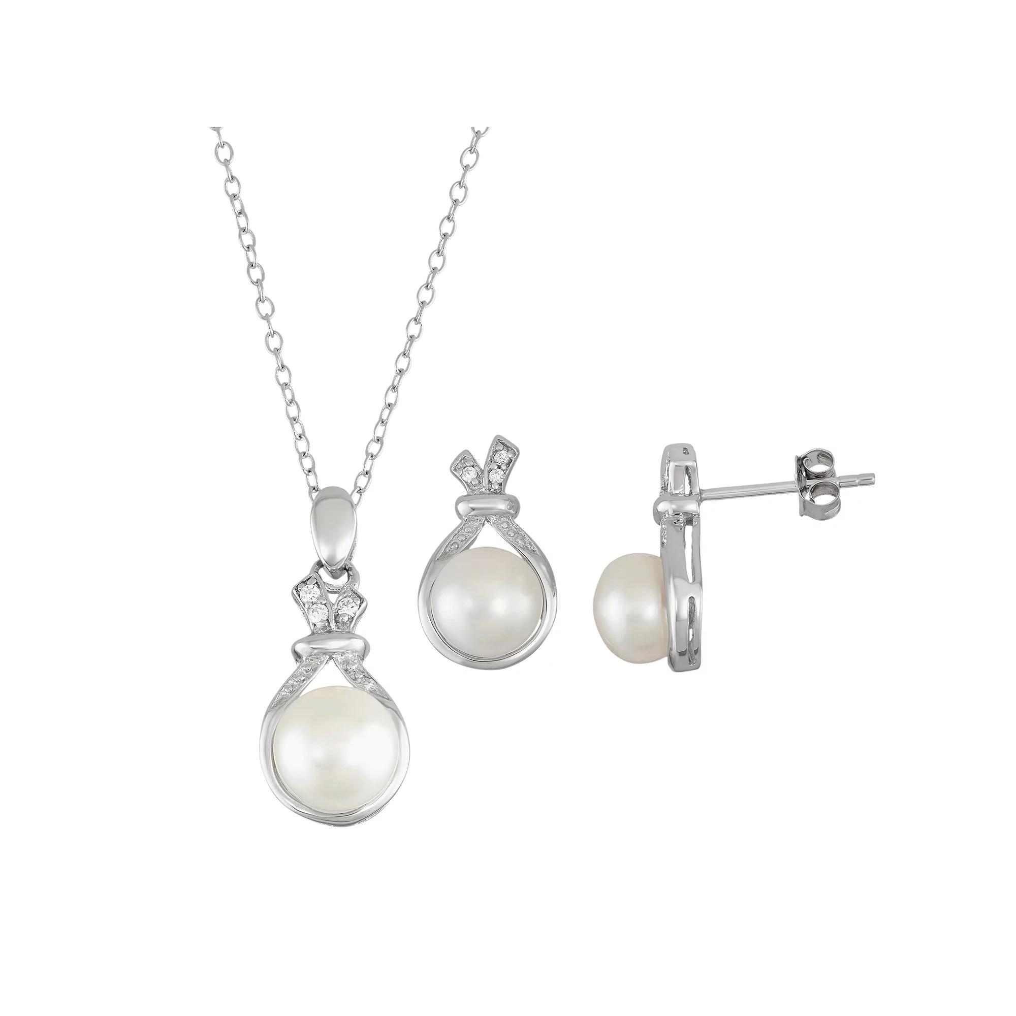 Sterling Silver Freshwater Cultured Pearl Pendant & Stud Earring Set, Women's, Size: 18", White Product Image