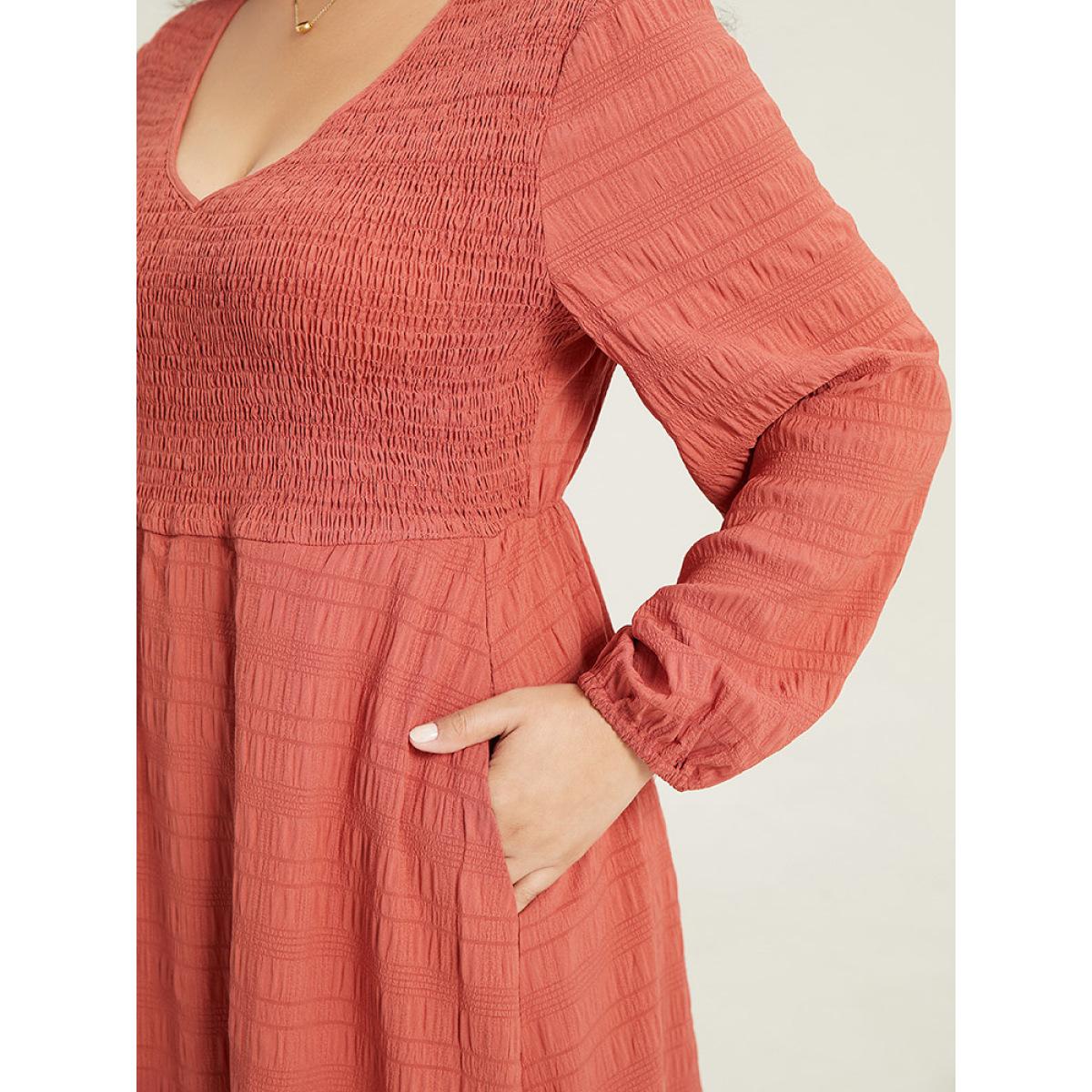 Plus Size Solid Shirred Plisse Flutter Hem Dress Chocolate Women Elegant Elastic cuffs V-neck Long Sleeve Curvy Midi Dress BloomChic 22-24/3X Product Image