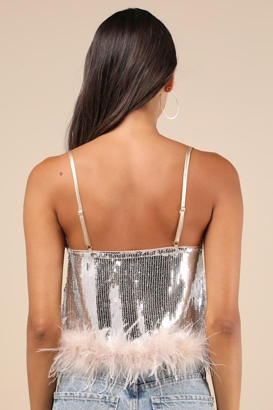 Perfectly Glowing Champagne Sequin Feather Cami Top Product Image