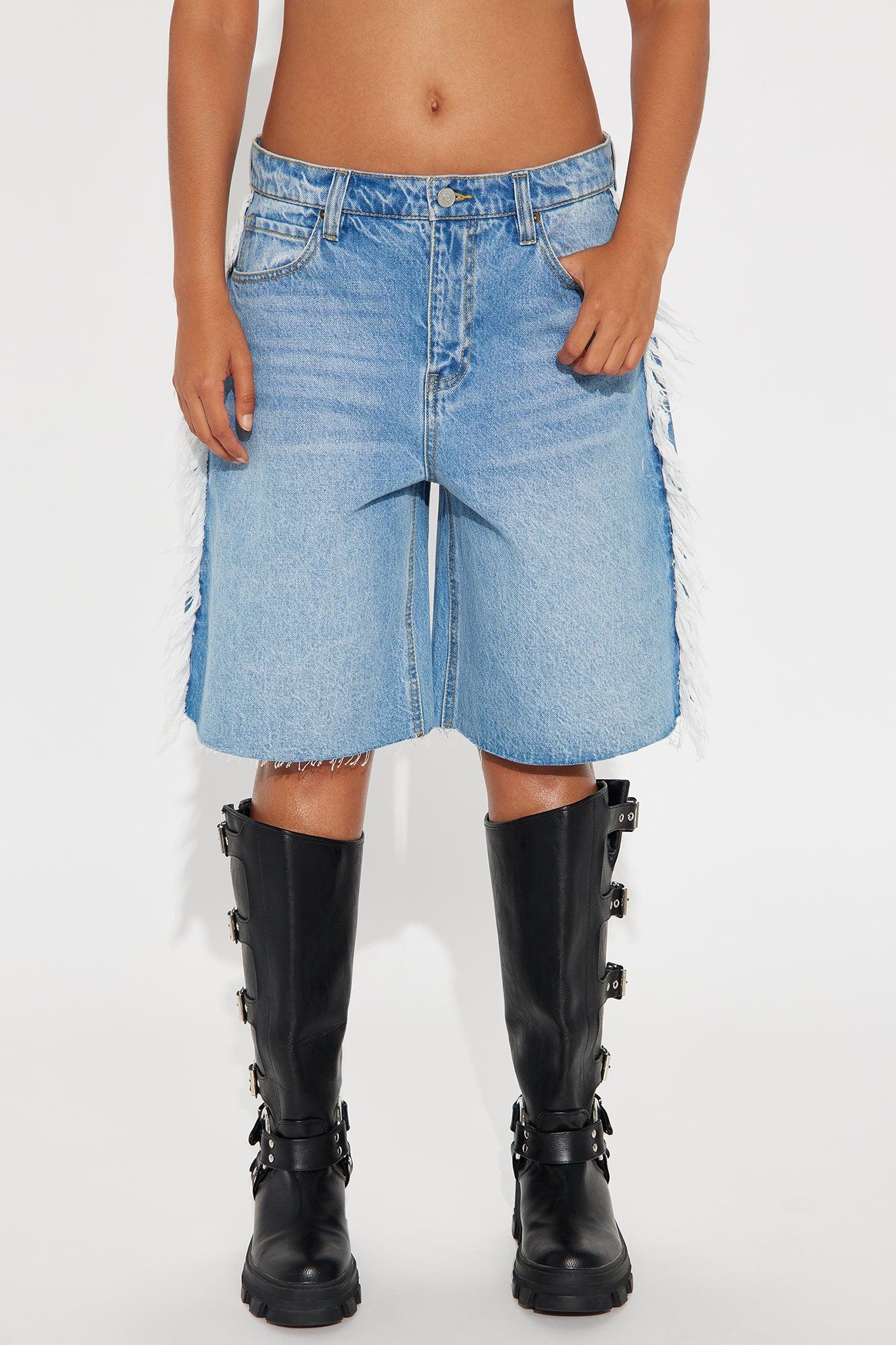 Sahara High Rise Fringed Bermuda Shorts - Medium Wash Female Product Image
