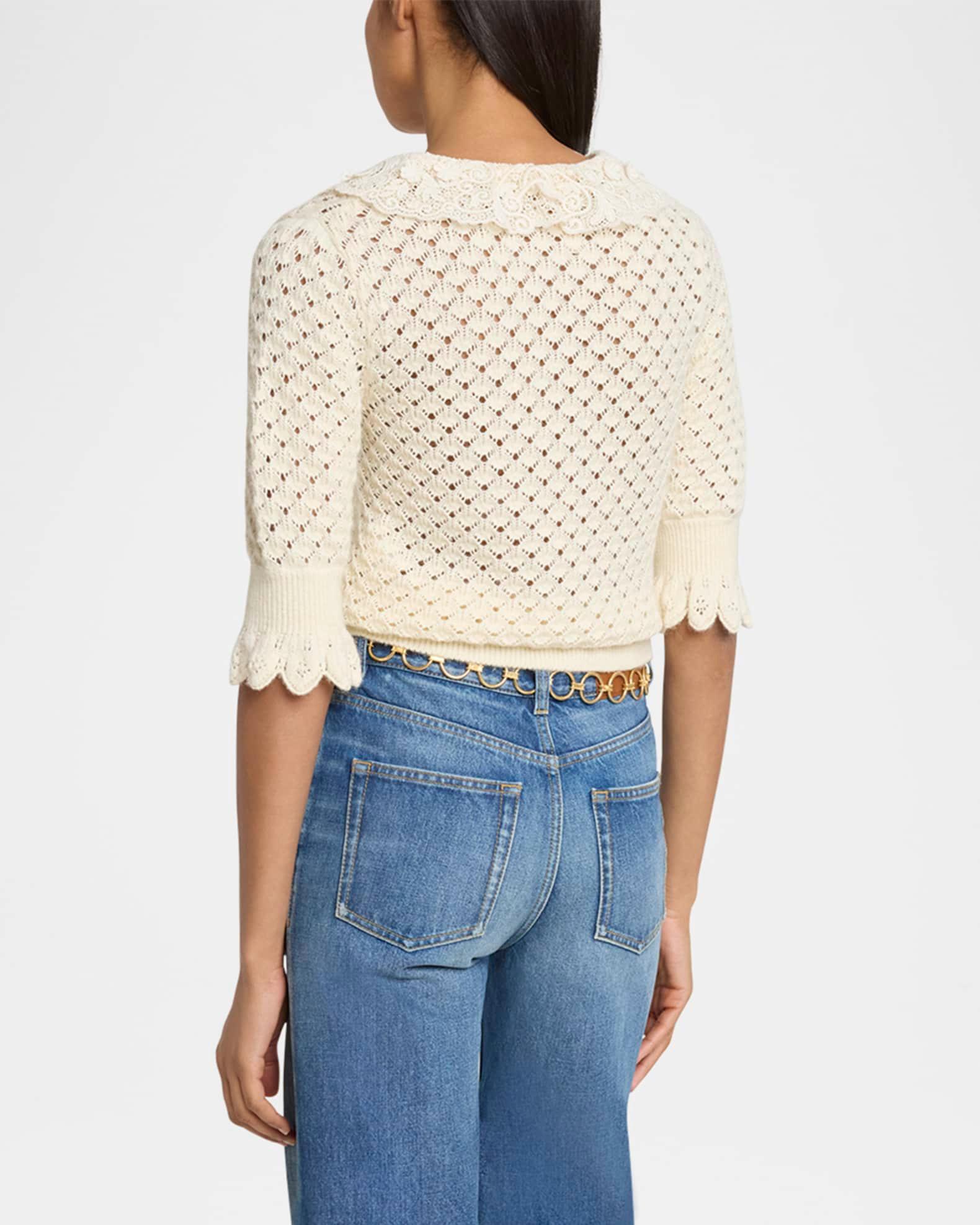 Lace-Collar Open Knit Polo Top Product Image