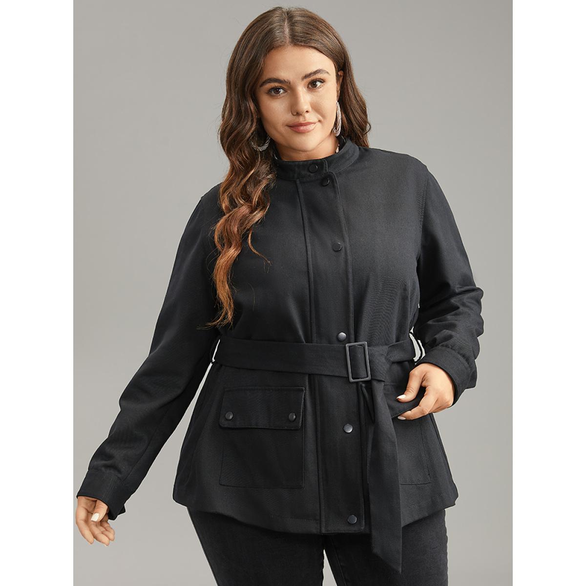 Plus Size Cotton Solid Belted Flap Pocket Coat Women Black Casual Plain Ladies Dailywear Winter Coats BloomChic 14-16/1X Product Image
