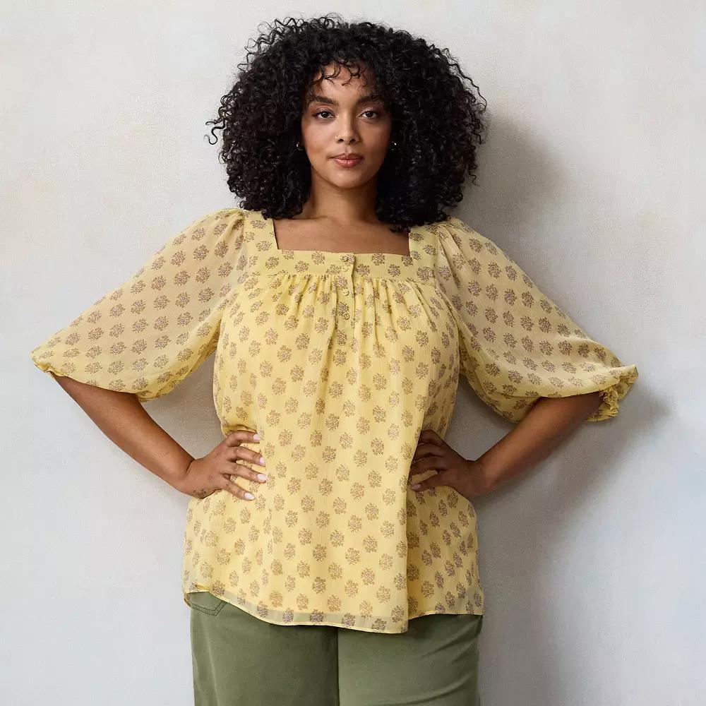 Plus Size LC Lauren Conrad Henley Square Neck Peasant Top, Women's, Size: 0X, Golden Ana Flora Product Image