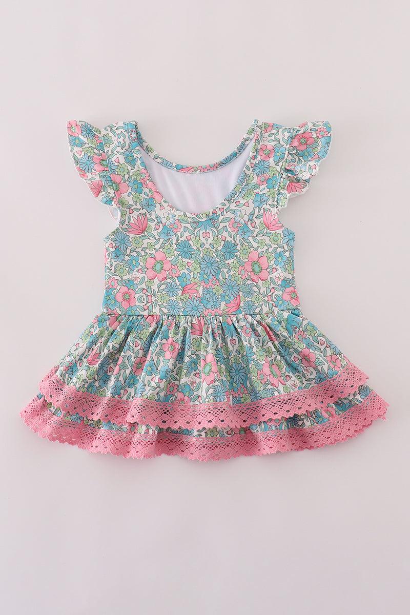 Green floral lace ruffle leotard Product Image