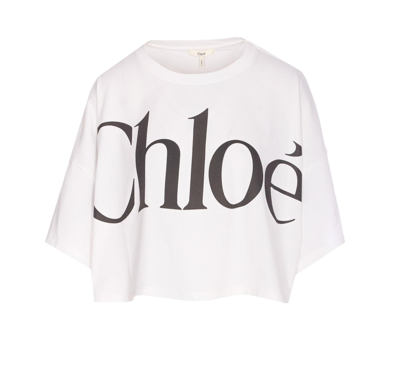 CHLOÉ White Cropped Crewneck T-shirt With Maxi Logo Print On The Front In Cotton Woman In Multicolor Product Image
