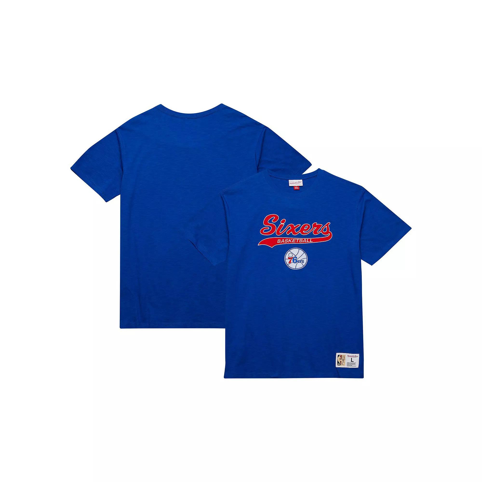 Men's Mitchell & Ness Royal Philadelphia 76ers Hardwood Classics Felt Applique Slub T-Shirt,  Product Image