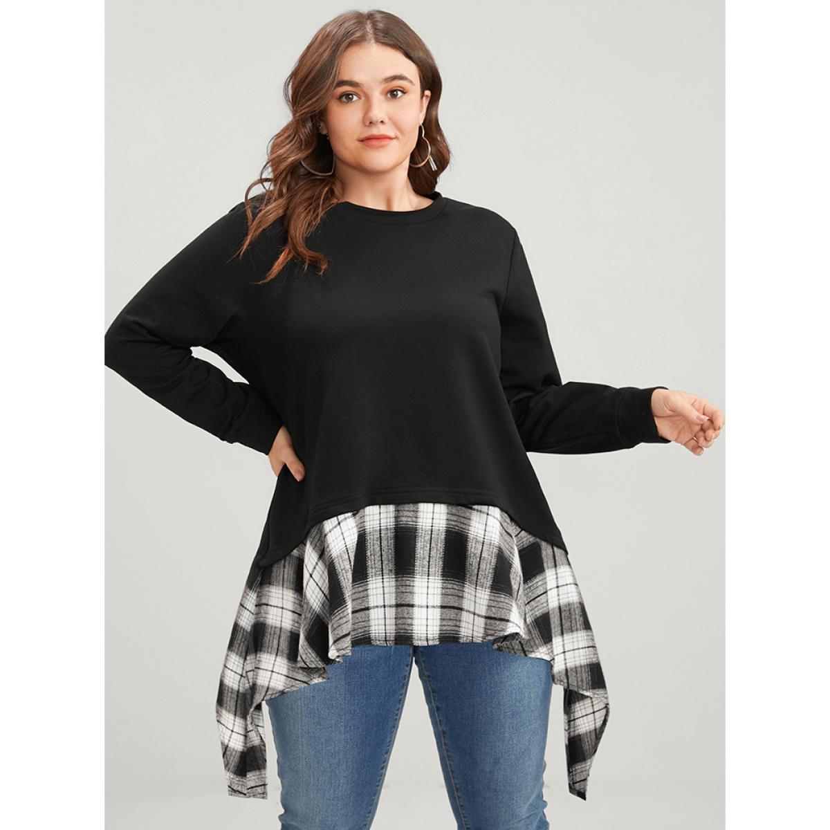 Plus Size Tartan Patchwork Round Neck Asymmetrical Hem Sweatshirt Women Black Elegant Patchwork Round Neck Dailywear Sweatshirts BloomChic 14-16/1X Product Image