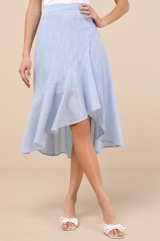 By the Bay Light Blue and White Striped Ruffled Midi Skirt Product Image