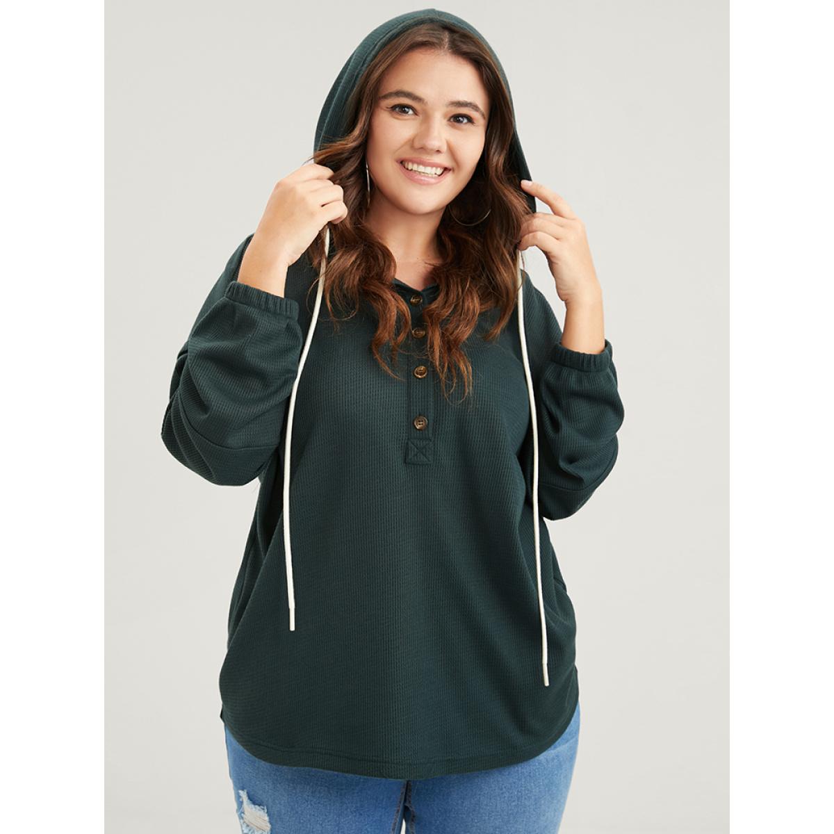 Plus Size Solid Pocket Button Drawstring Waffle Knit Hooded Sweatshirt Women Green Casual Drawstring Loose Hooded Dailywear Sweatshirts BloomChic 22-24/3X Product Image