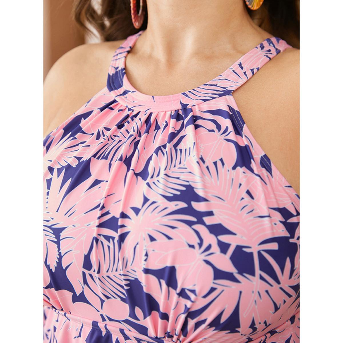 Plus Size Plant Print Hanky Hem Cut Out Halter Neck Swim Dress Women's Swimwear Pink Vacation Bodycon Round Neck High stretch Curve Swim Dresses BloomChic 28/5X Product Image