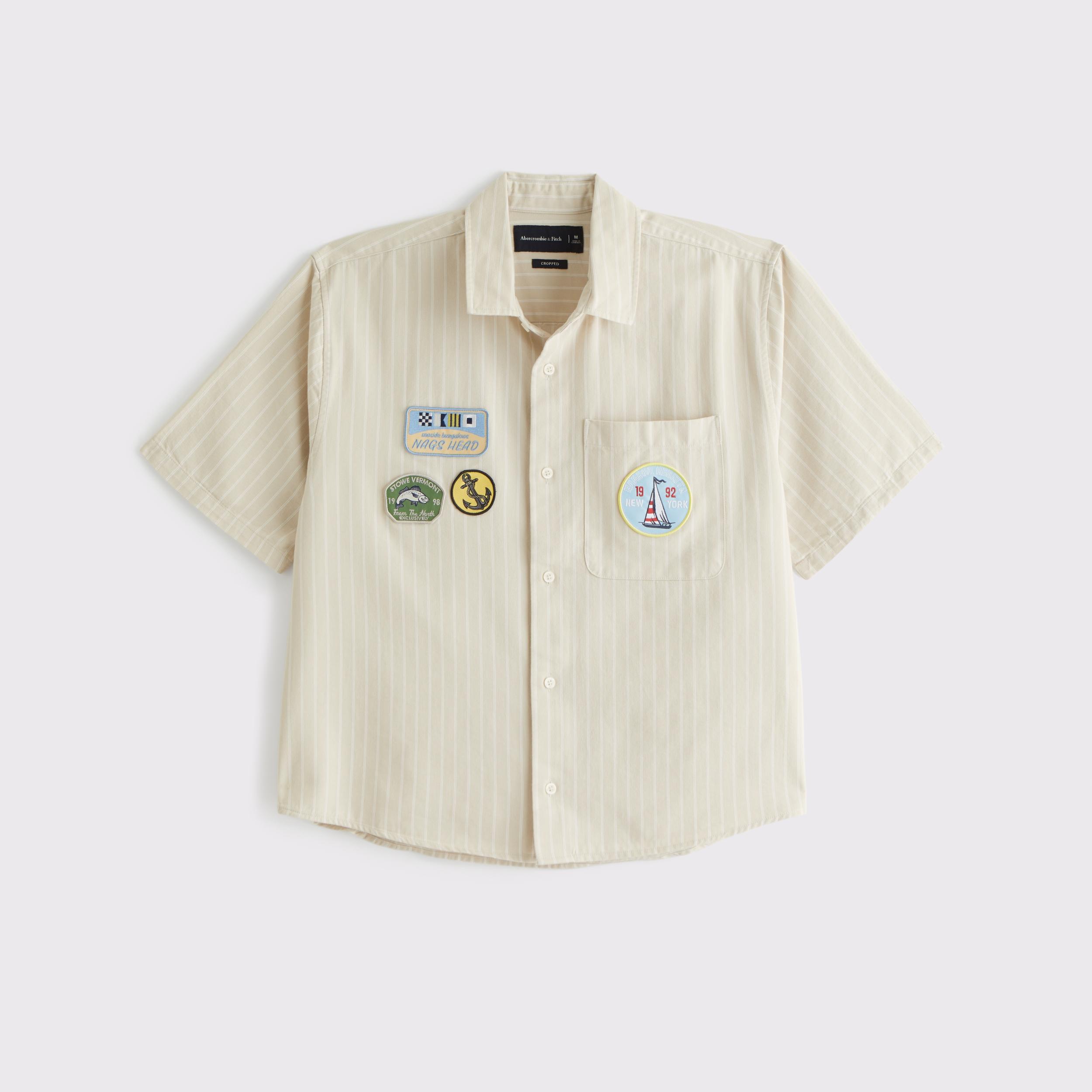 Short-Sleeve Cropped Graphic Workwear Button-Up Shirt Product Image