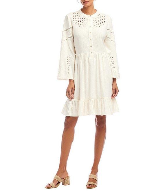 Karen Kane Linen Blend Flare Sleeve Embroidered Tiered Dress Product Image