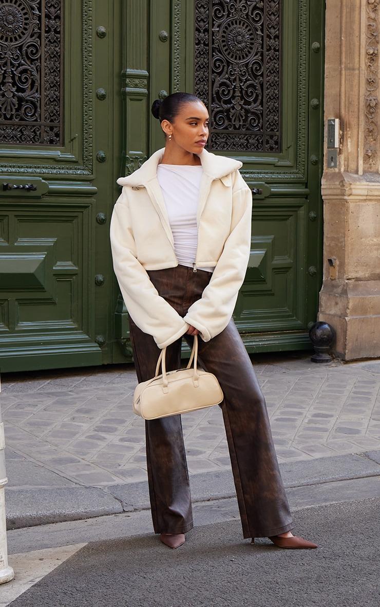 Cream Dropped Shoulder Cropped Fur Contrast Jacket Product Image