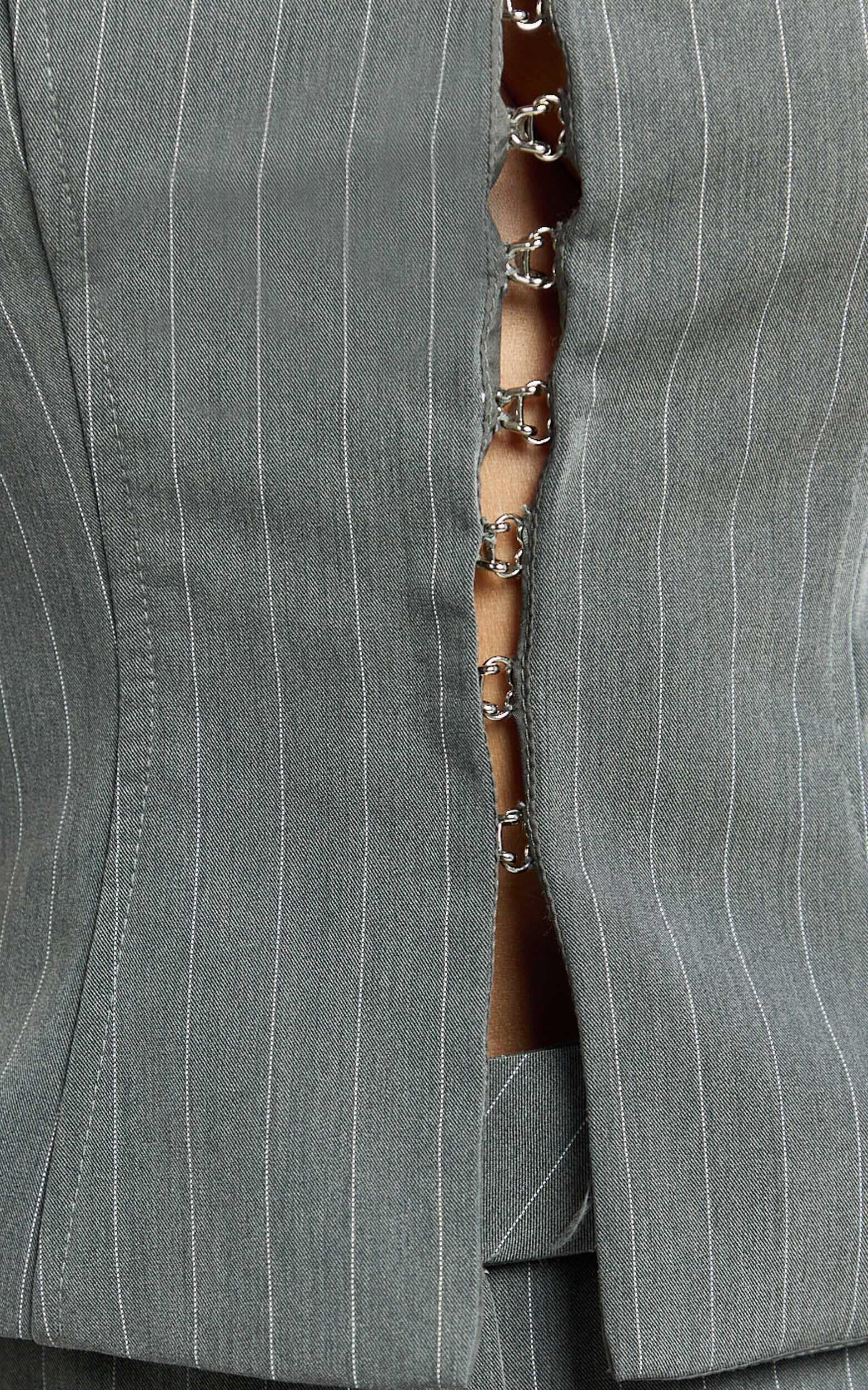 Fiona Midi Skirt - Pinstripe Bodycon Side Leg Split Workwear Skirt in Dark Grey Product Image