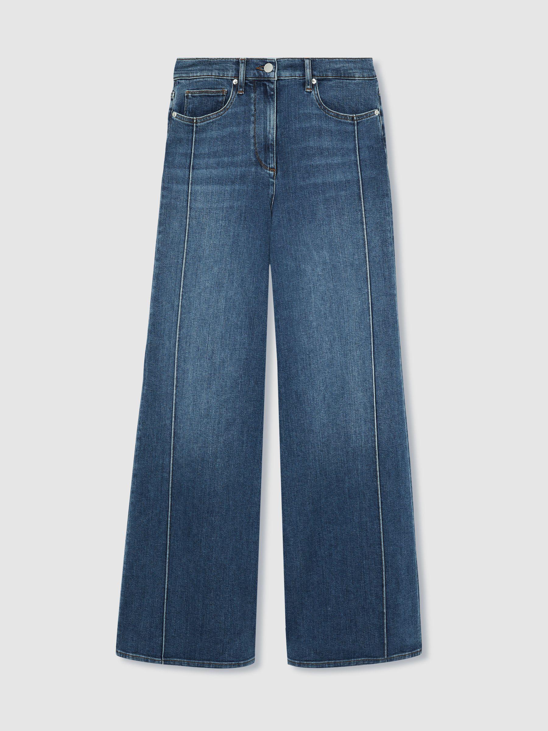 Button-Detail High-Rise Flared Jeans in Mid Blue Product Image