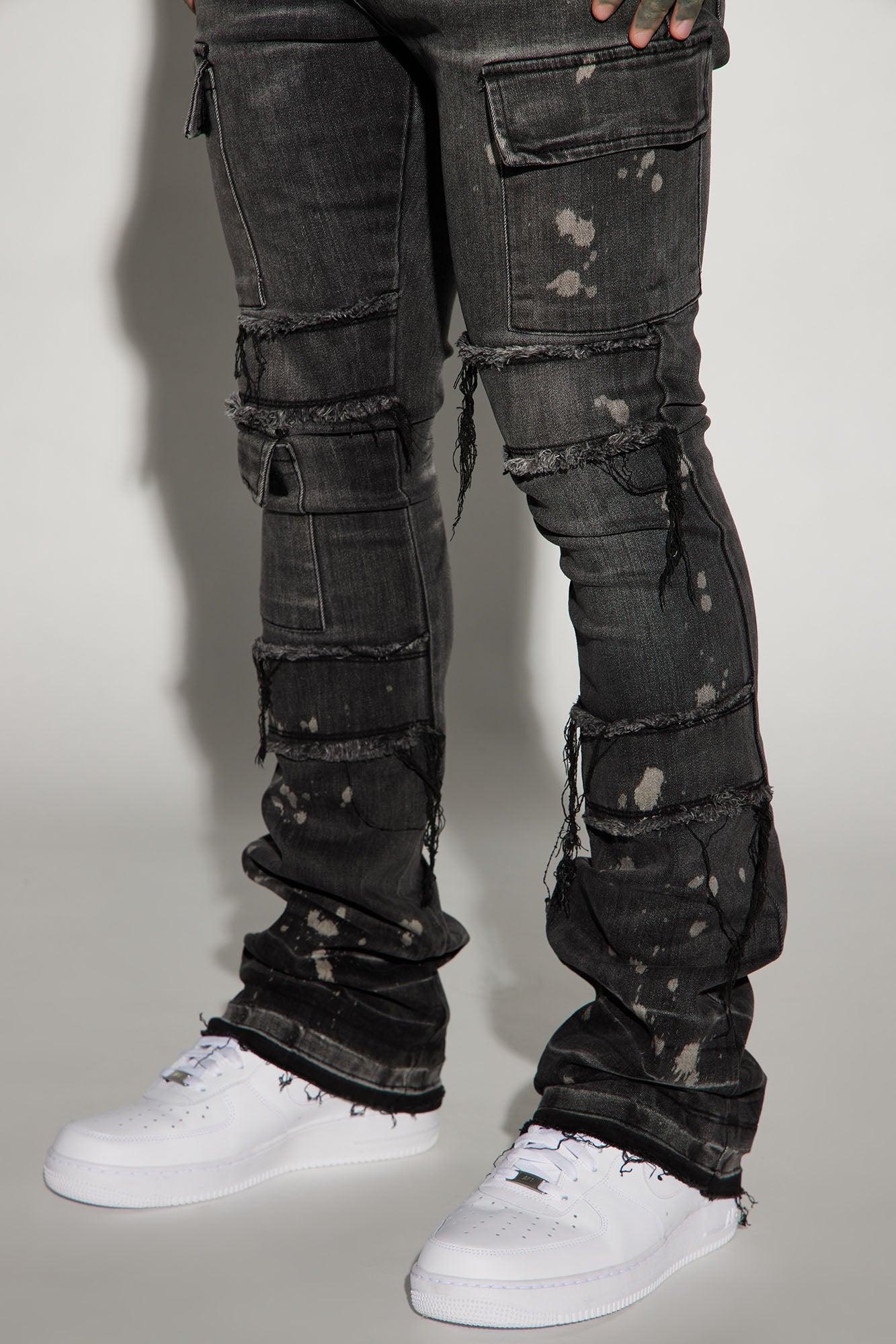 Side Snap Cargo Stacked Skinny Flare Jeans - Black Wash Product Image