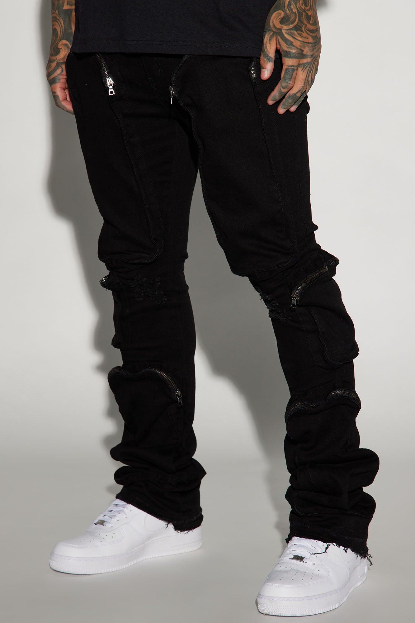 Many Pockets Cargo Stacked Skinny Flare Jeans - Black Product Image