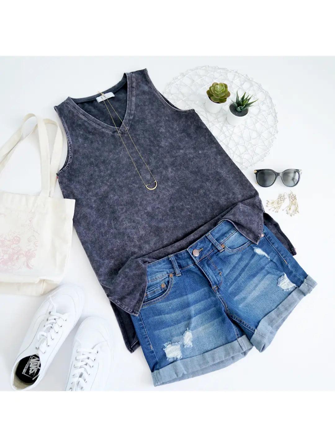 Plus Size Charcoal Mineral Wash Tank Top with Side-Slit Female Product Image