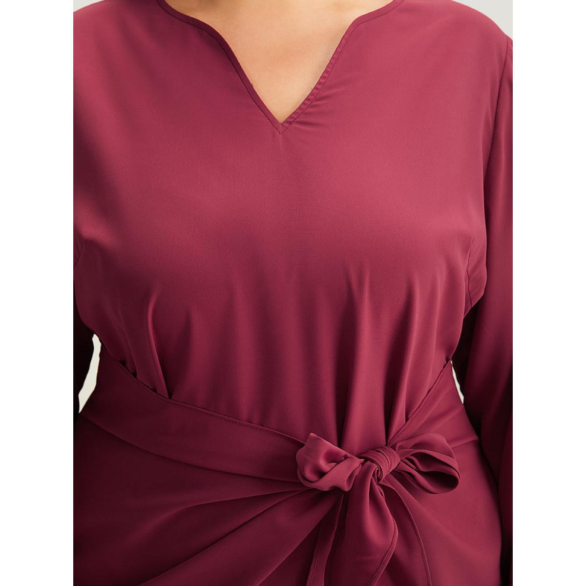 Plus Size Anti-Wrinkle Solid Ties Lantern Sleeve Dress Scarlet Women Office Elastic cuffs Notched collar Long Sleeve Curvy Knee Dress BloomChic 30/6X Product Image