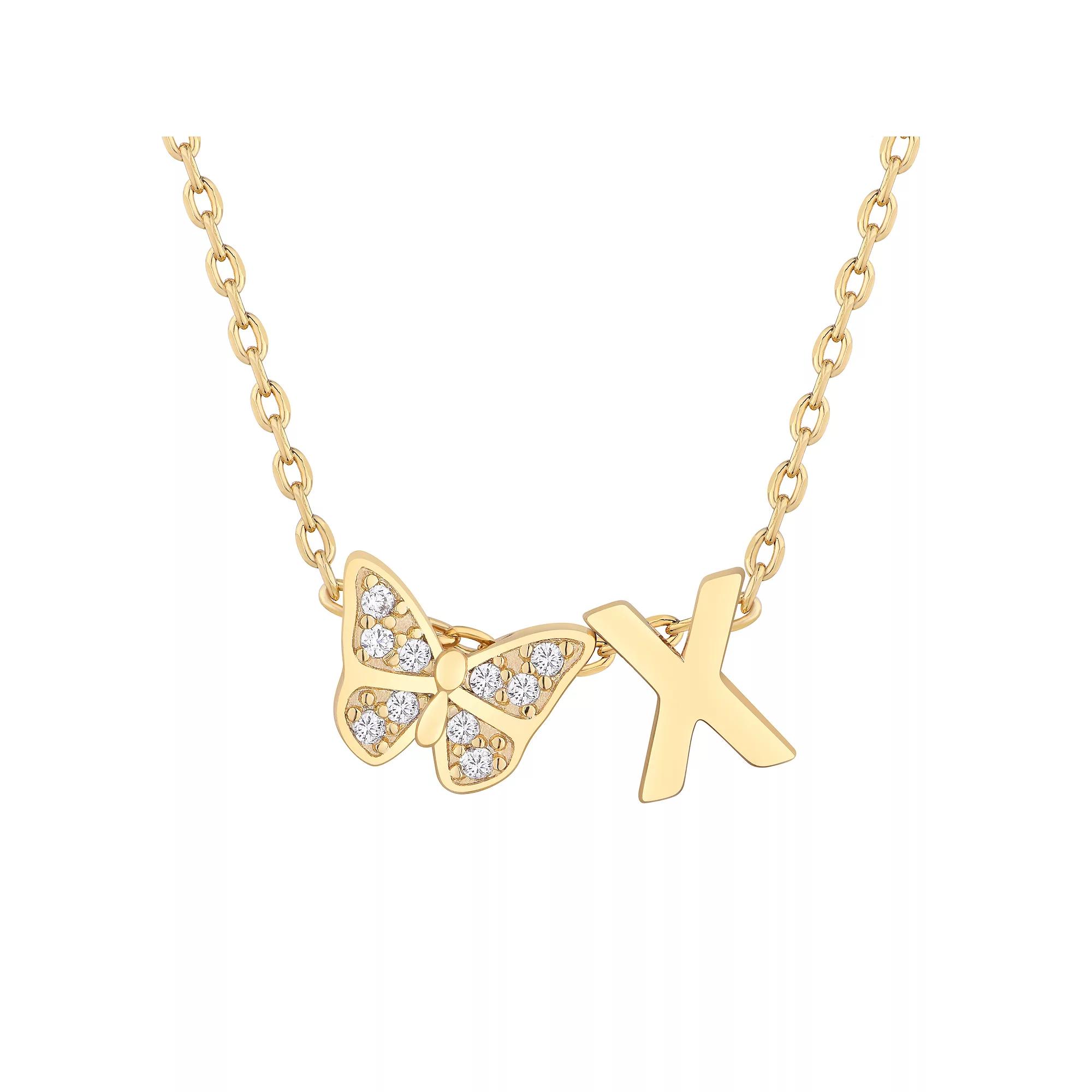 Taylor Grace 14k Gold Plated Cubic Zirconia Butterfly Initial Necklace, Women's, Size: 18", X Product Image