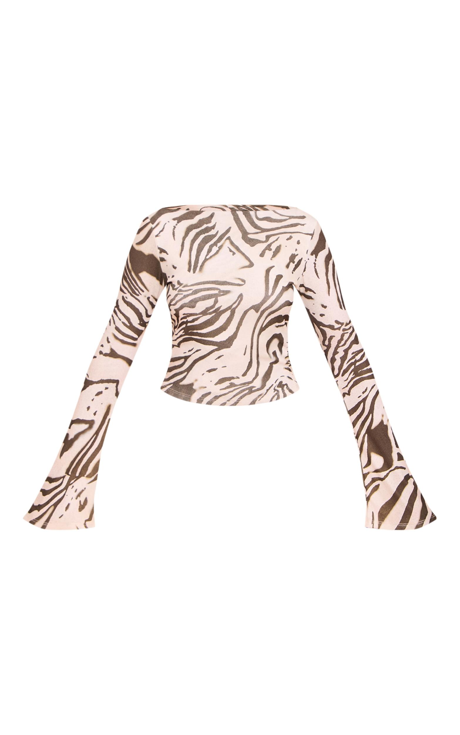 Cream Zebra Print Double Layer Burn Out Mesh Asymmetric Flared Sleeve Top Product Image