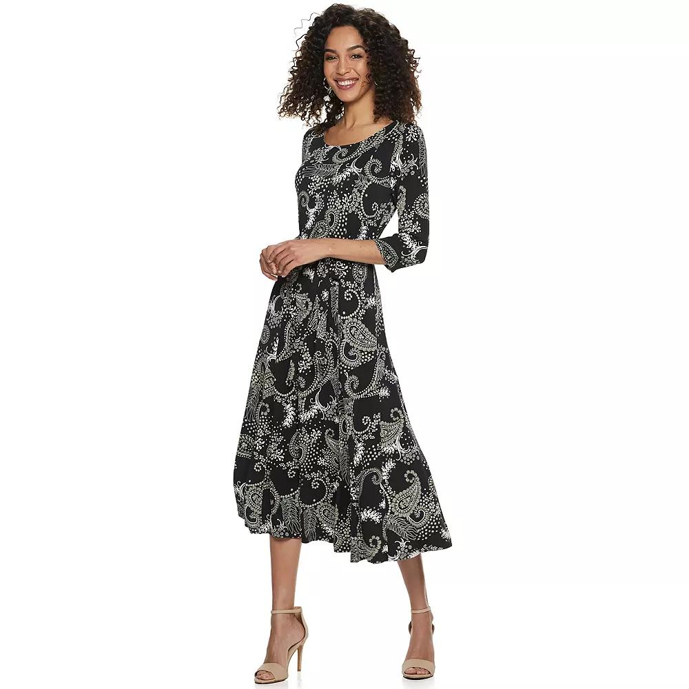 Women's Nina Leonard Belted 3/4 Sleeve Print Midi Dress, Size: Small, Beige Paisley Product Image