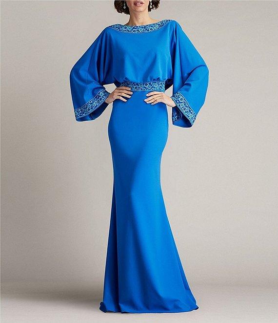 Tadashi Shoji Crepe Embroidered Trim Boat Neck Dolman Long Sleeve Deep Cowl Back Gown Product Image