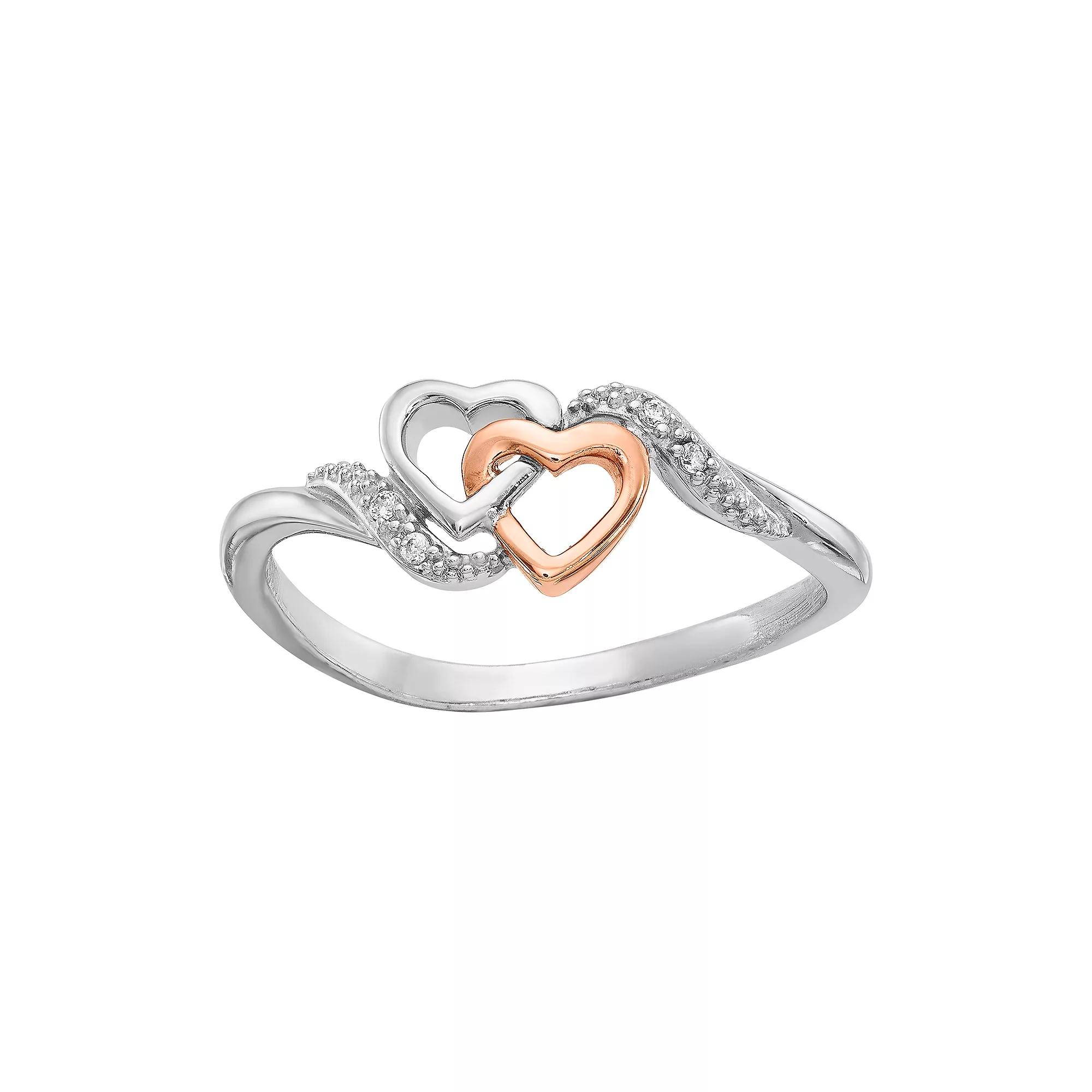 Two Tone Sterling Silver Diamond Accent Double Heart Promise Ring, Womens Pink Tone Product Image
