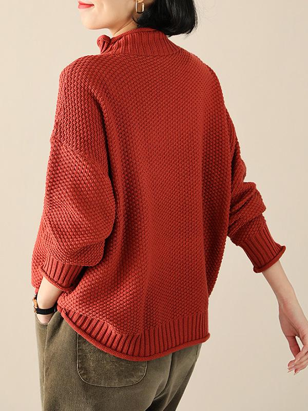 Casual Loose Long Sleeves Solid Color High-Neck Sweater Tops Product Image