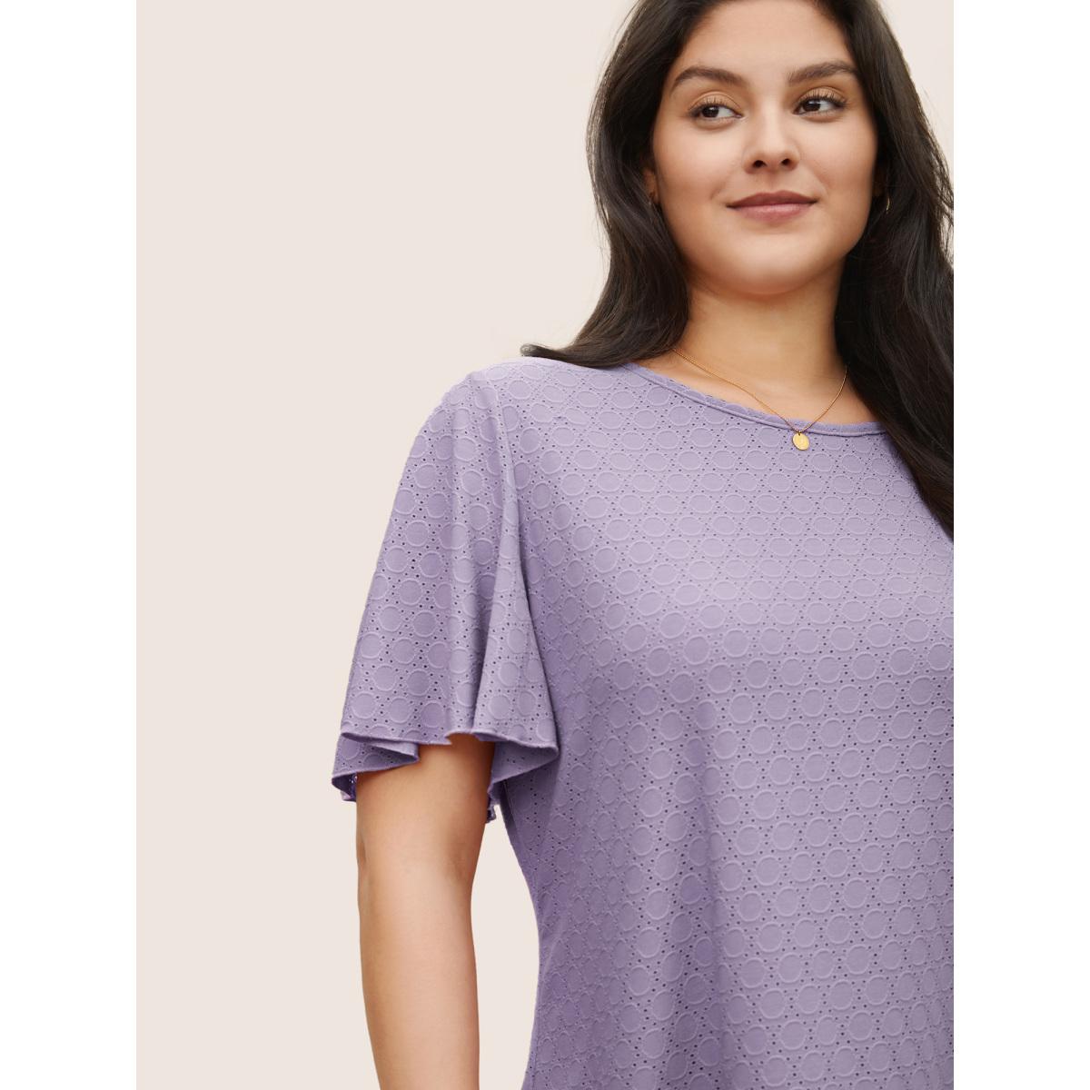 Plus Size Plain Textured Geometric Flutter Sleeve T-shirt Lavender Women Elegant Texture Plain Round Neck Everyday T-shirts BloomChic 12/L Product Image