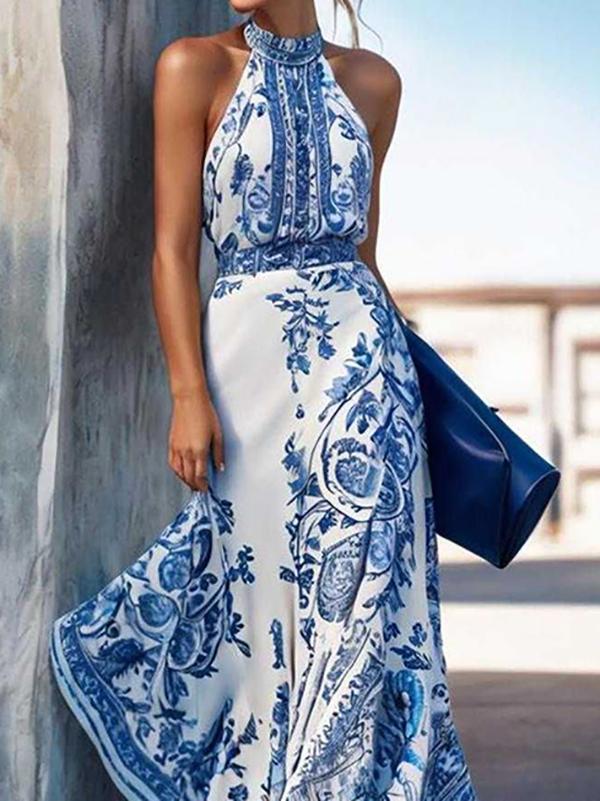 A-Line High Waisted Contrast Color Flower Print Halter-Neck Maxi Dresses Product Image