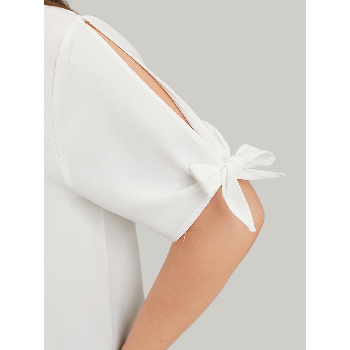 Plus Size Ivory Anti-Wrinkle Plain Lace Cut Out Knot Sleeve Blouse Women Office Short sleeve V-neck Office Blouses BloomChic 12/L Product Image