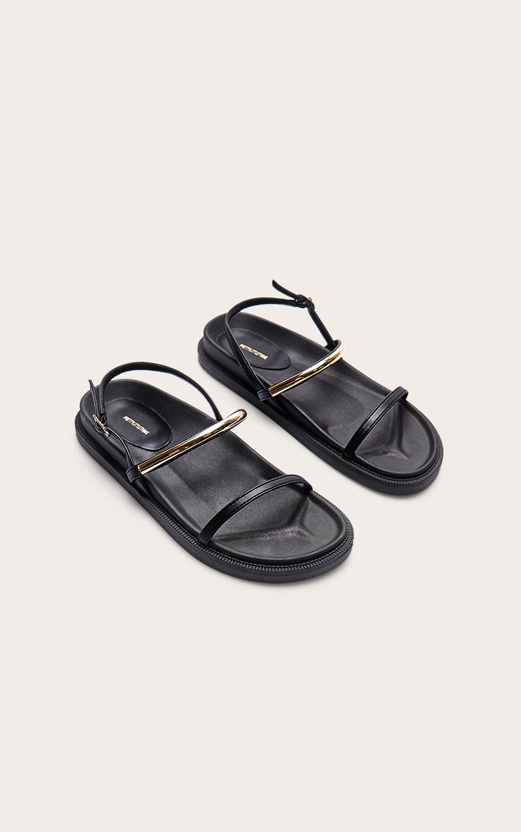 Black Pu Round Toe Gold Strap Footbed Sandals Product Image