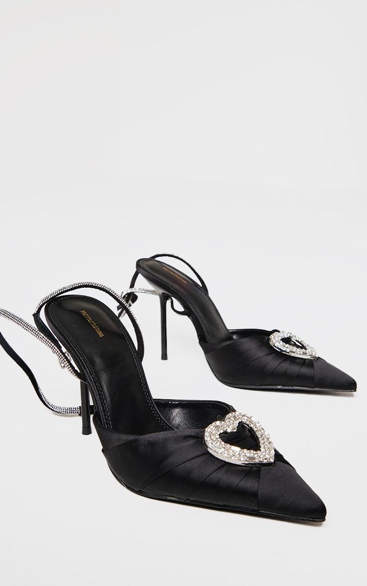 Black Satin Point Toe Diamante Heart Court Heels Product Image