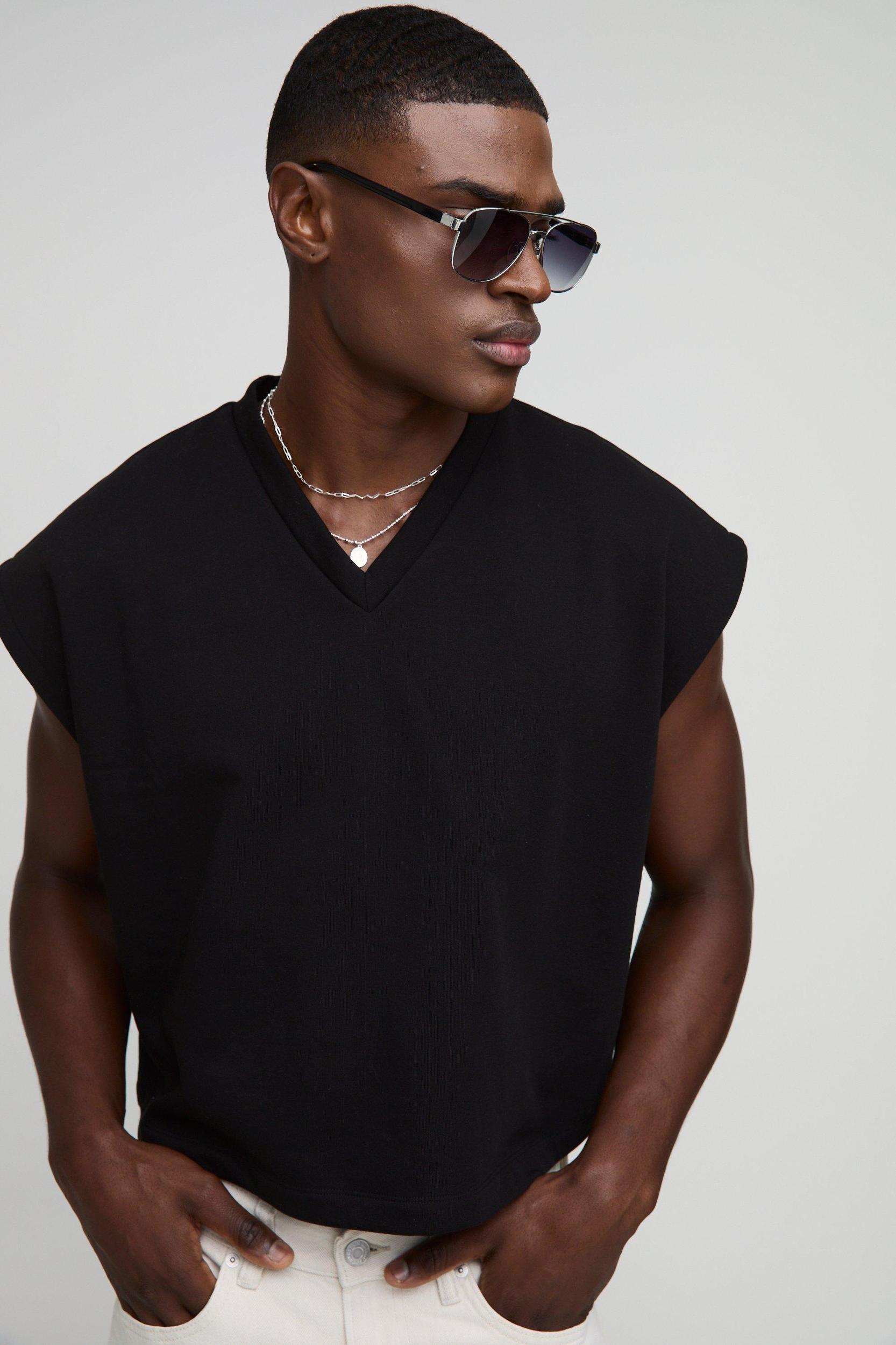 Oversized Boxy Cropped V Neck Sweatshirt Undershirt | boohooMAN USA Product Image