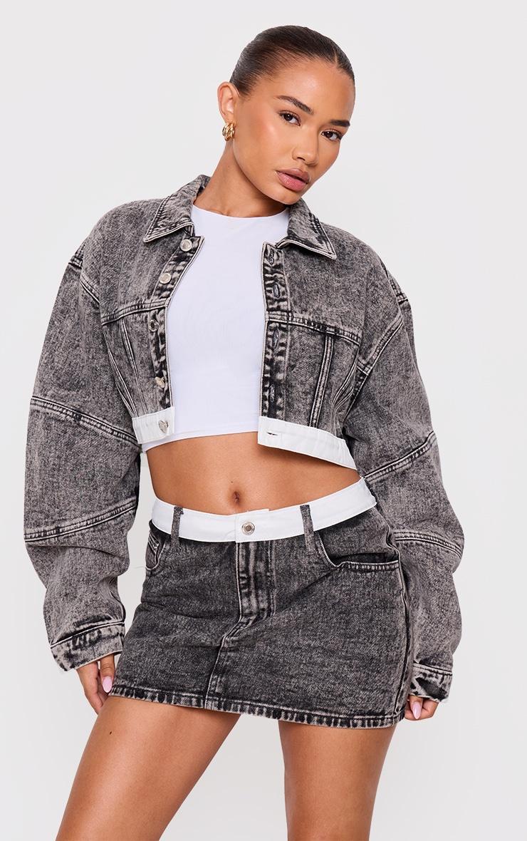 Petite Washed Grey Contrast Waistband Denim Mini Skirt Product Image