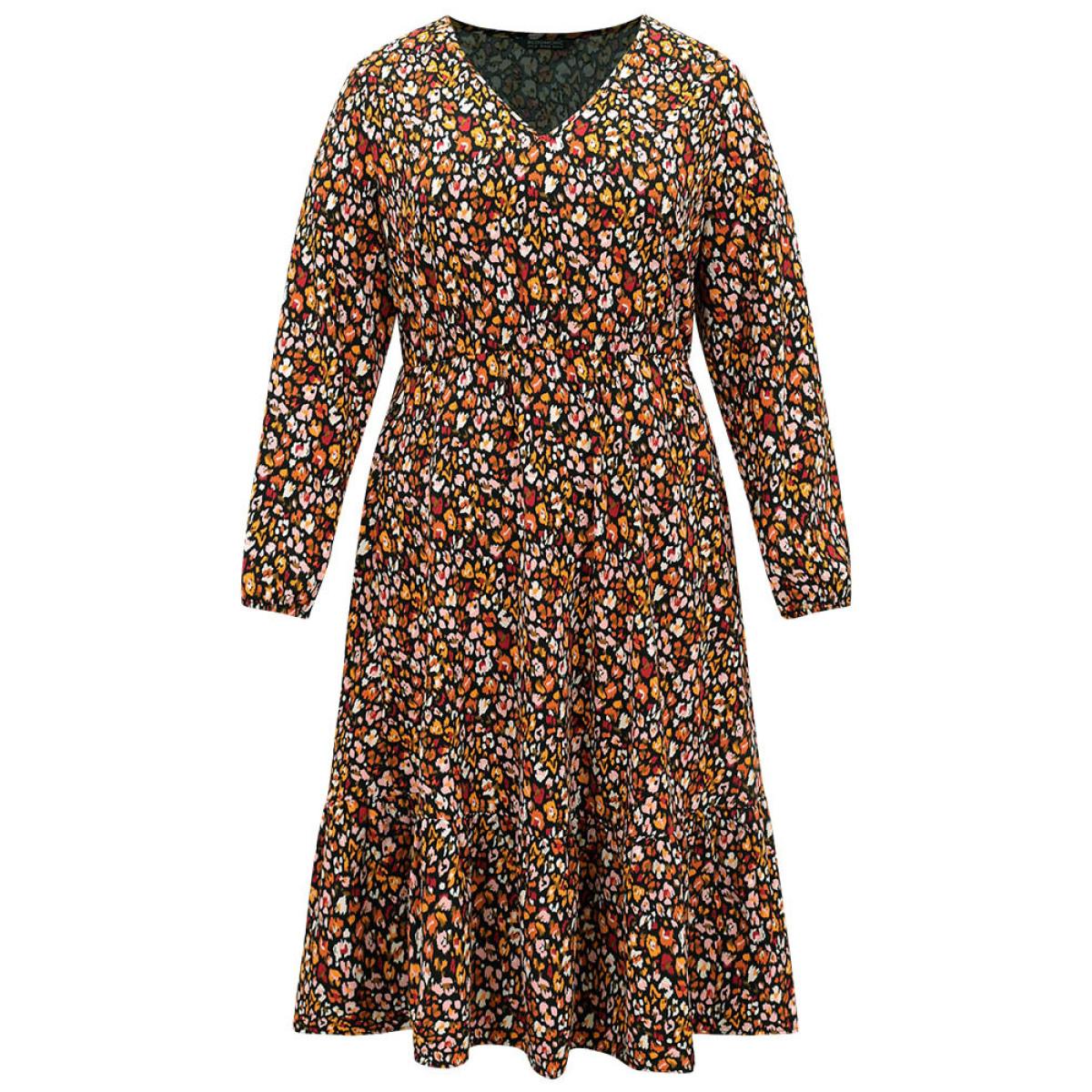 Plus Size Ditsy Floral Pocket Lantern Sleeve Ruffle Hem Dress Black Women Casual Elastic cuffs V-neck Long Sleeve Curvy Midi Dress BloomChic 12/L Product Image