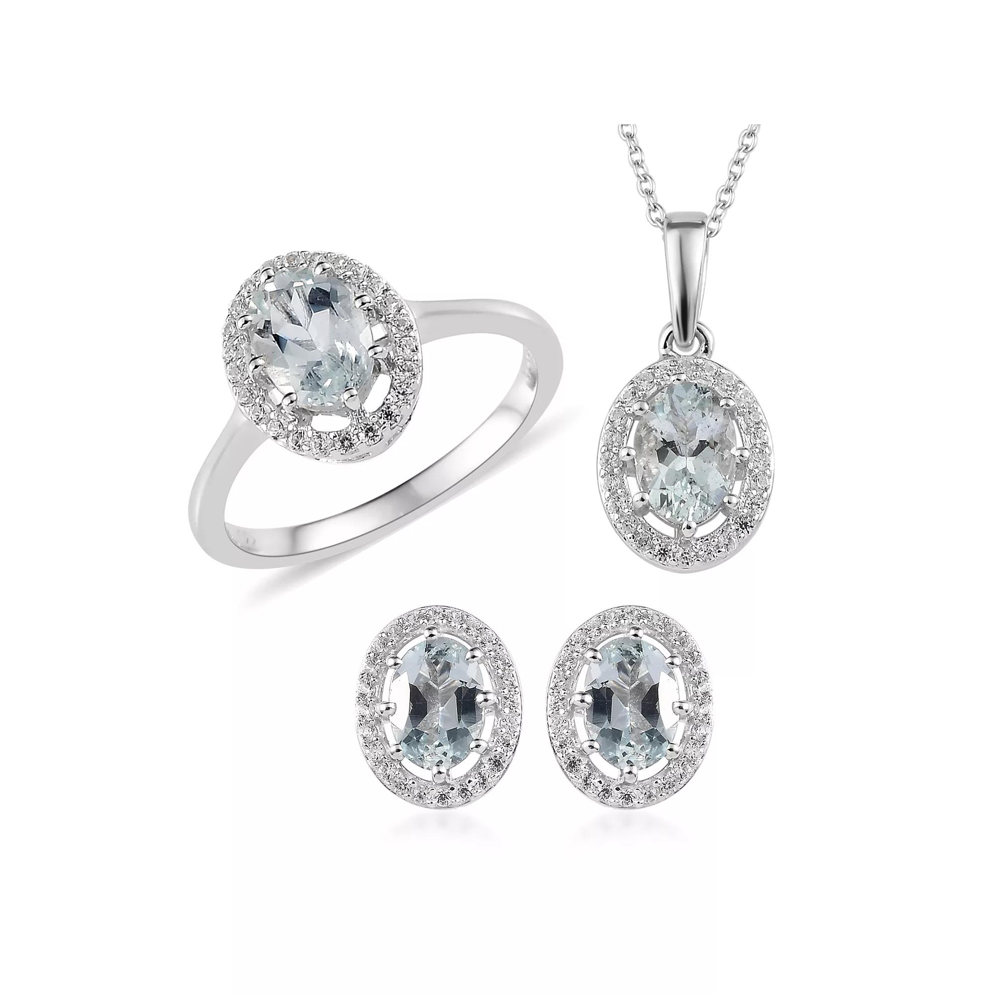 Sterling Silver Aquamarine & White Zircon 3-piece Jewelry Set, Women's, Size: 7 Product Image