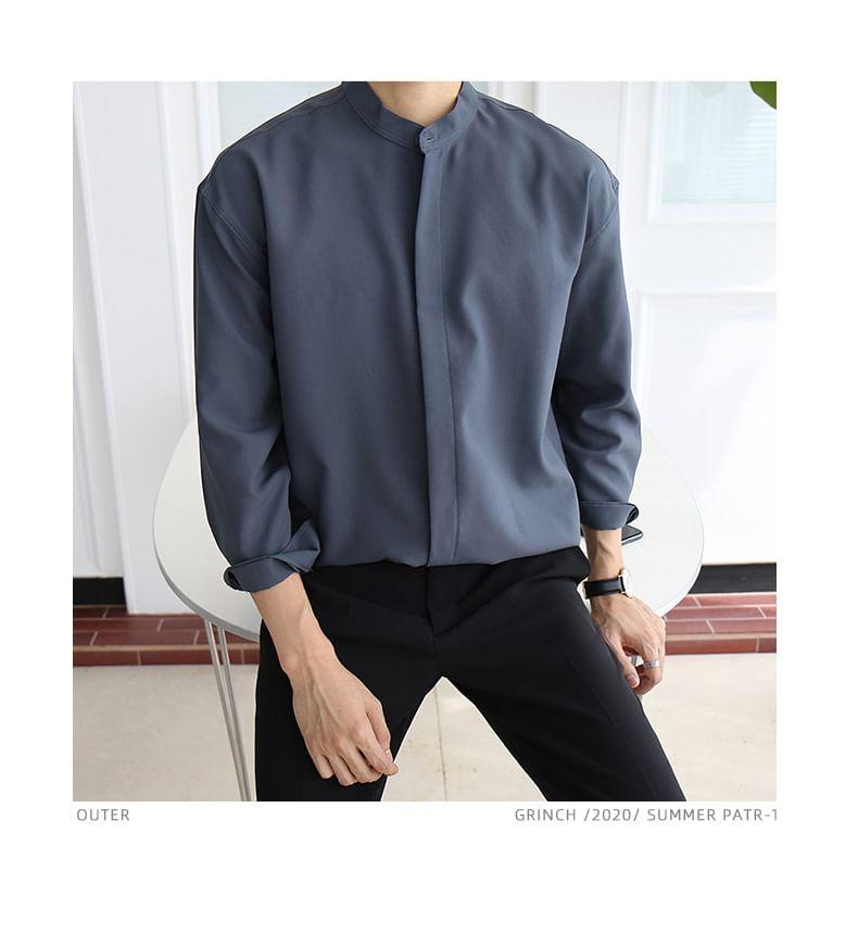 Long Sleeve Band Collar Plain Button Shirt Product Image