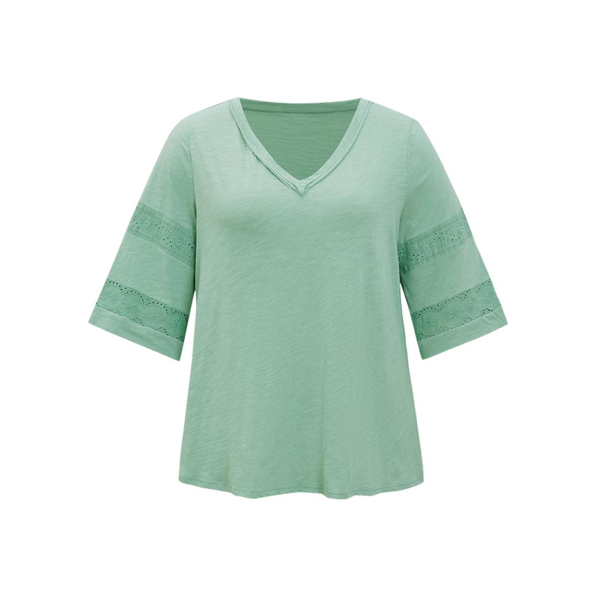 Plus Size Solid Broderie Anglaise Flounce Sleeve T-shirt Mint Women Elegant Broderie anglaise Plain V-neck Dailywear T-shirts BloomChic 12/L Product Image