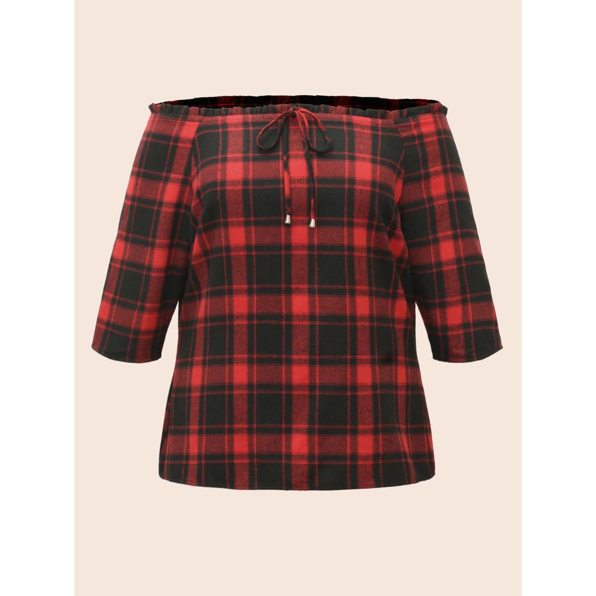 Plus Size Scarlet Mystic Off-Shoulder Slimming Tie Plaid Blouse Women Elegant Elbow-length sleeve One-shoulder neck Everyday Blouses BloomChic 10/M Product Image