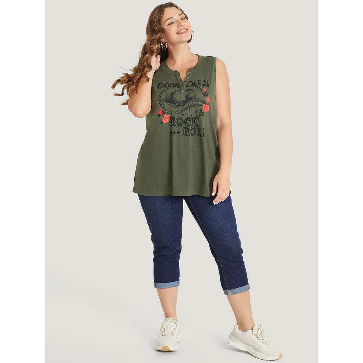 Plus Size Rose & Letter Print Button Up Graphic Tank Top Women ArmyGreen Casual Button Dailywear Tank Tops Camis BloomChic 14-16/1X Product Image