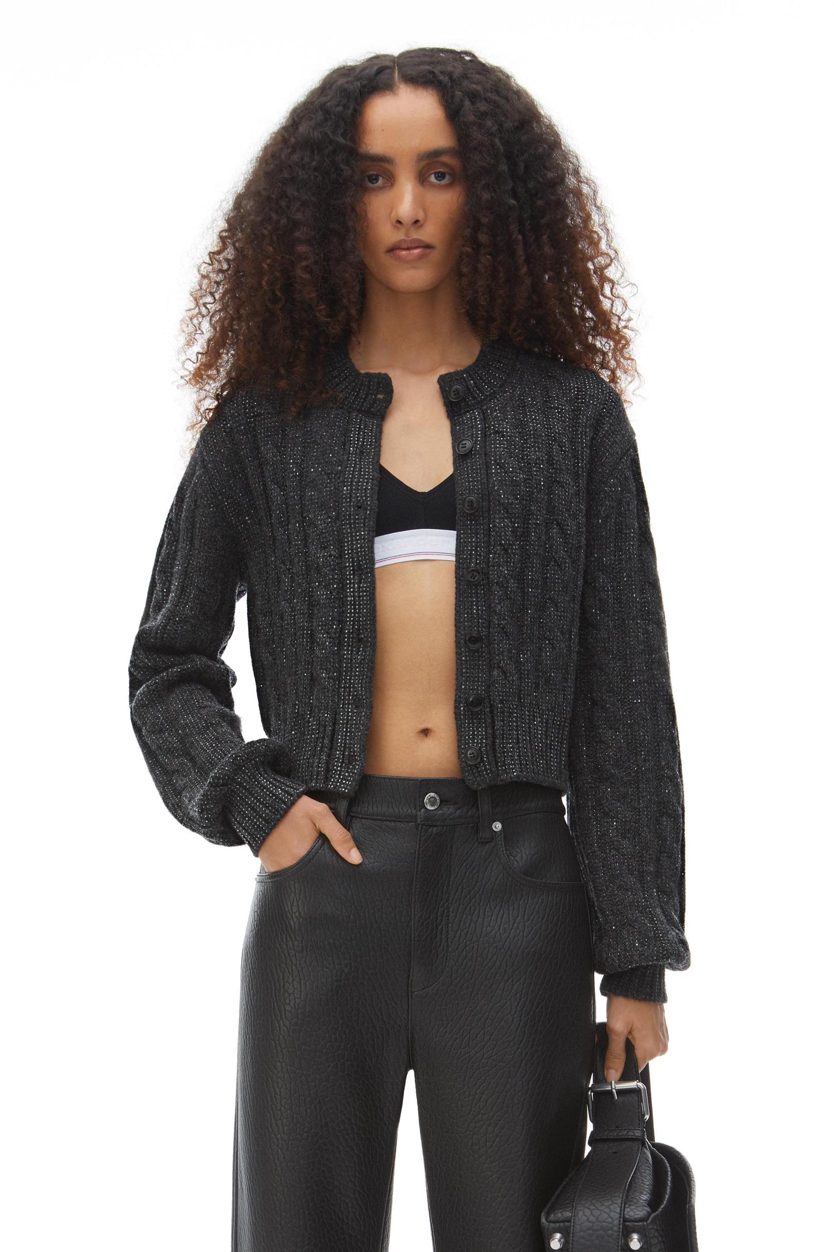 Clear Bead Hotfix Cable-knit Cardigan In Boiled Wool Product Image