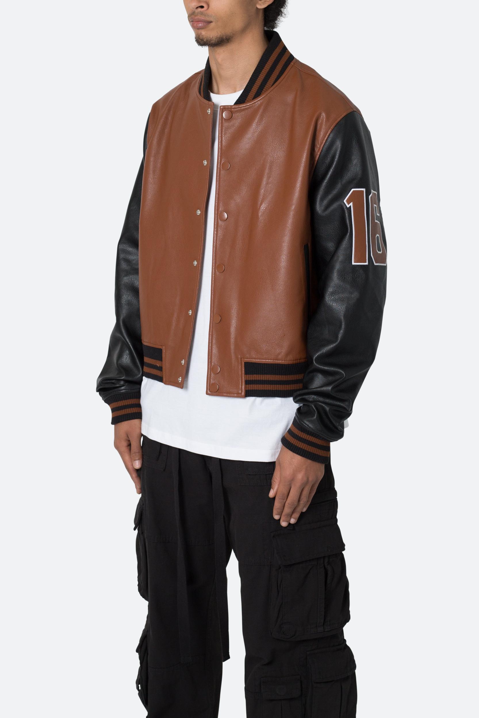 PU Varsity Jacket - Black/Brown Product Image